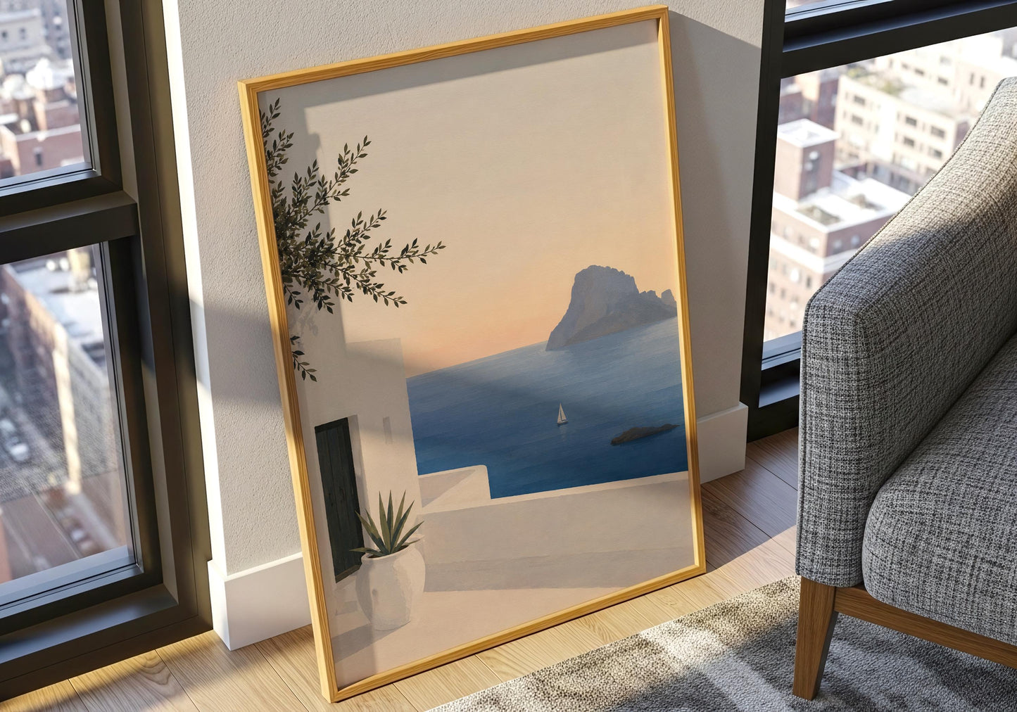 Luxury coastal print inspired by Ibiza, featuring ocean views and timeless Mediterranean architecture.