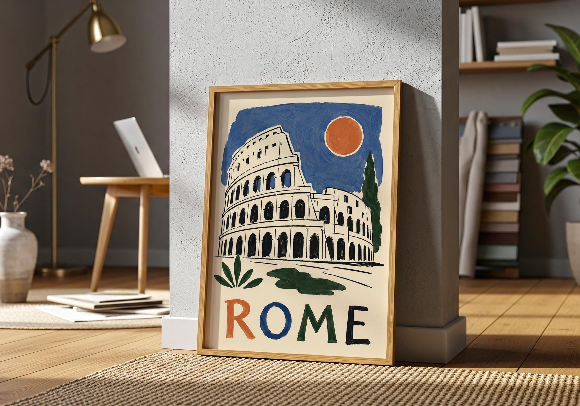 Italian wall art featuring the Colosseum illustrated with expressive ink lines and earthy colours.