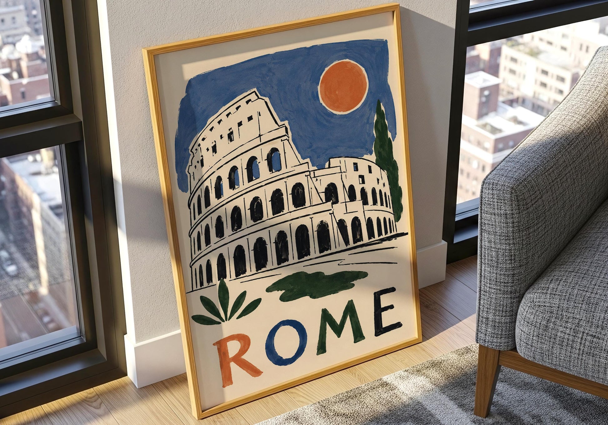 Rome poster artwork featuring Italy's famous Colosseum with bold blue, green and terracotta accents.