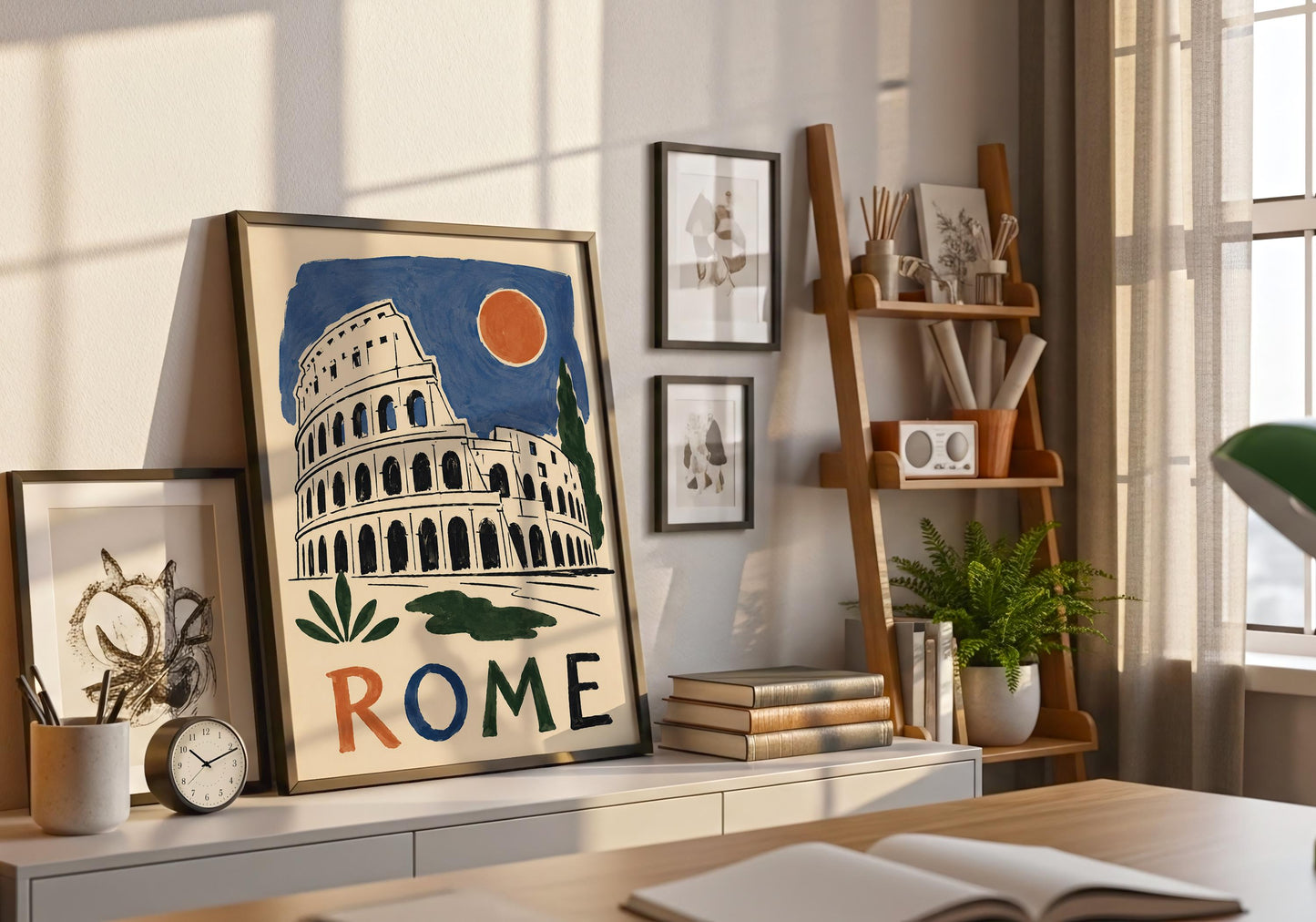 Rome city artwork designed with minimalist sketch details and warm neutral background tones.