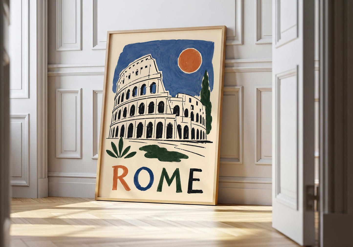 Hand drawn Rome wall art print featuring the iconic Colosseum with a blue sky and terracotta sun.