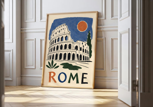 Hand drawn Rome wall art print featuring the iconic Colosseum with a blue sky and terracotta sun.