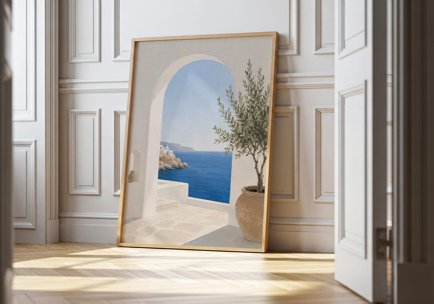 Greek island print with an olive tree and ocean view in soft neutral tones.