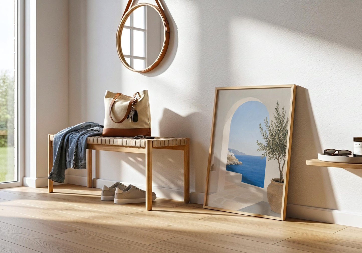Santorini style wall print featuring white buildings, sea views and an olive tree.