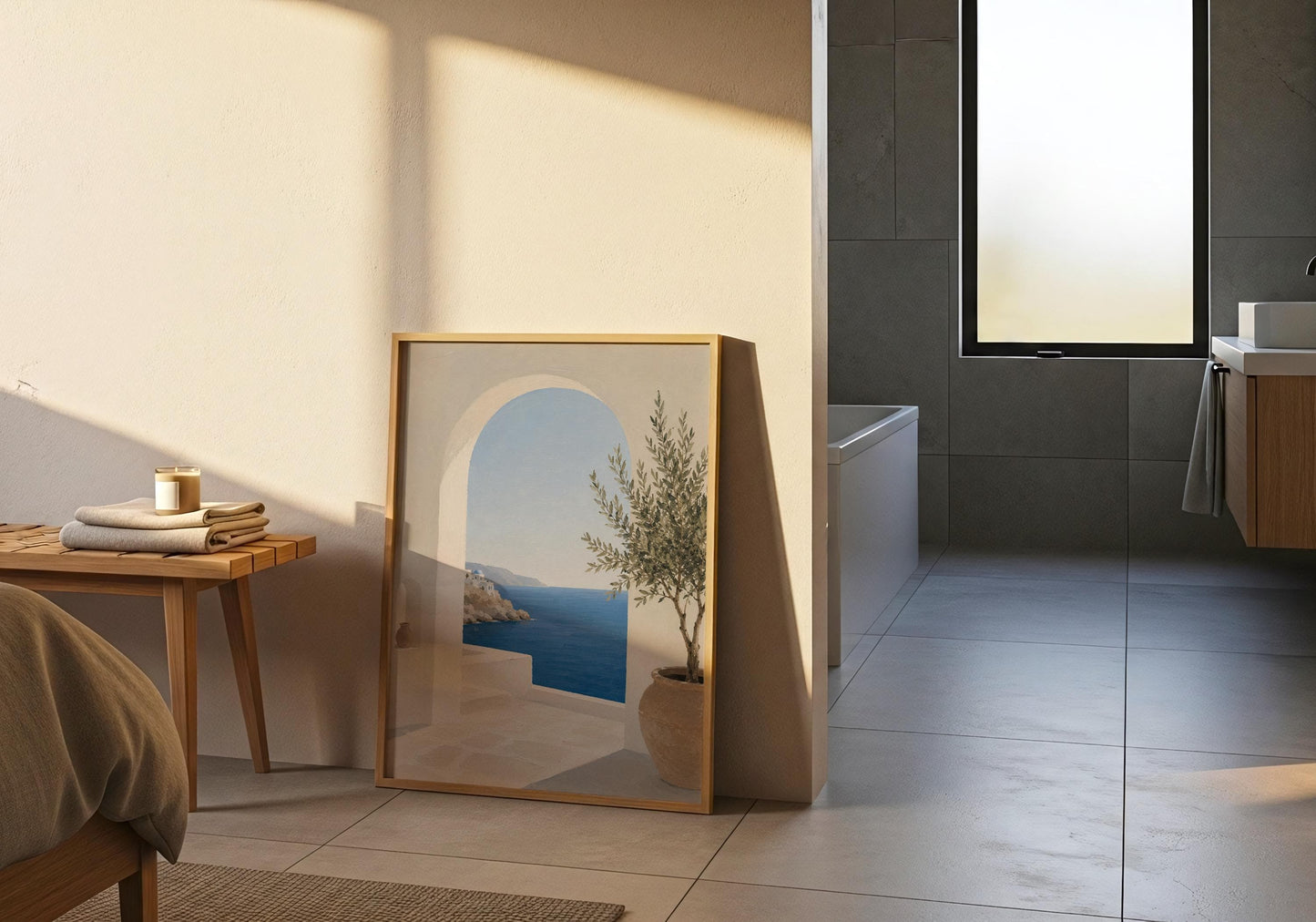 Modern Mediterranean print with white archway, sea view and minimalist aesthetic.