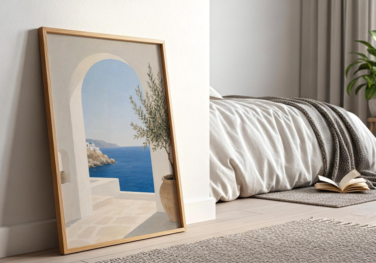 Coastal home décor print in neutral colours with traditional island architecture.