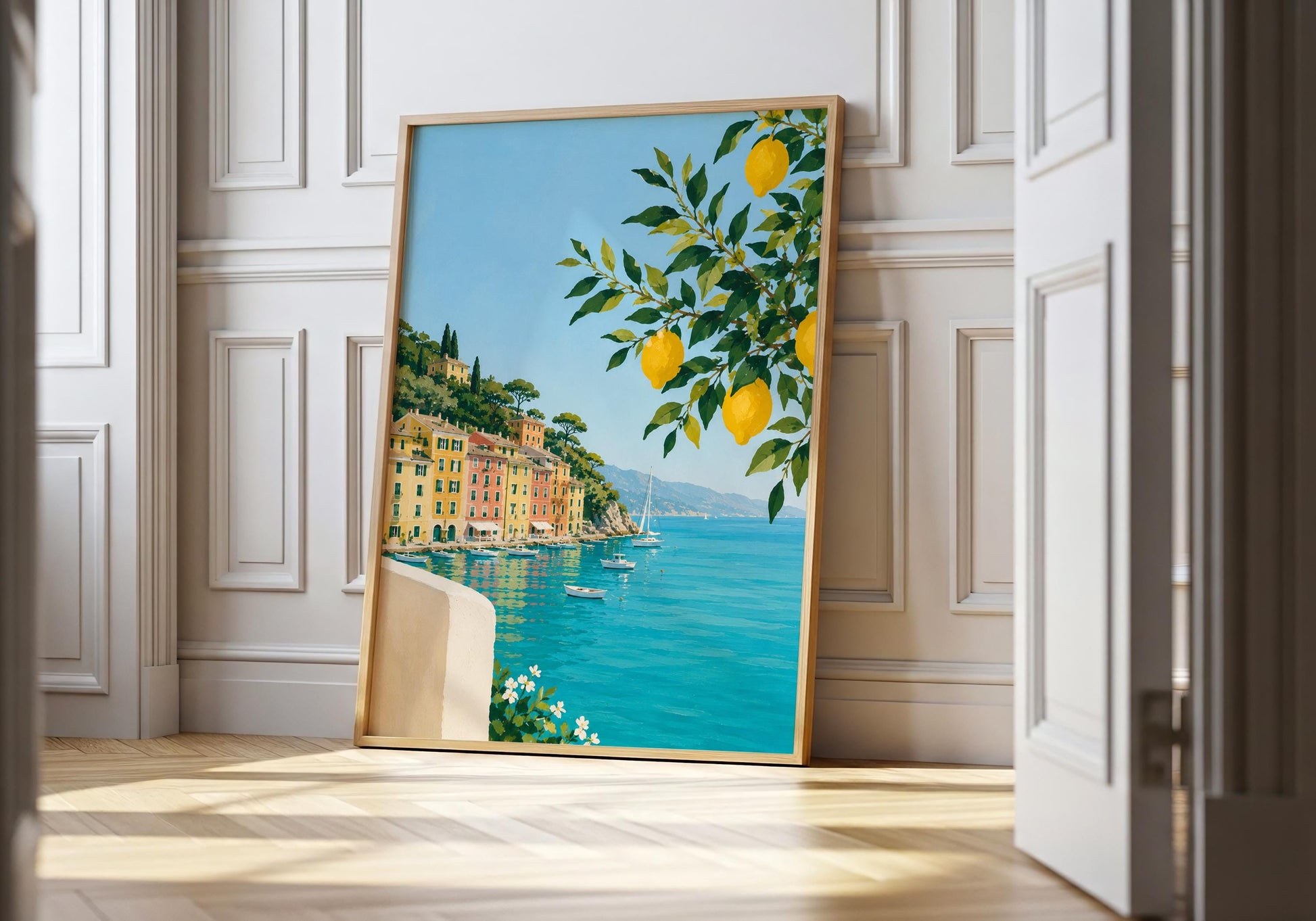 Mediterranean landscape print inspired by the Amalfi Coast with lemons, sailboats and sea views.