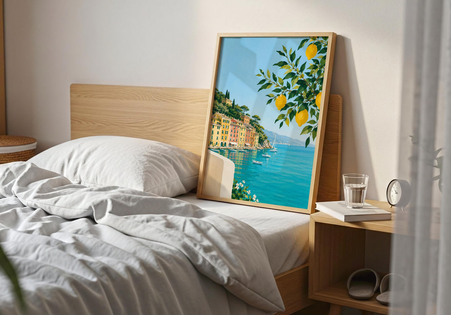 Coastal home décor print showcasing a sunny Mediterranean harbour and blue ocean.