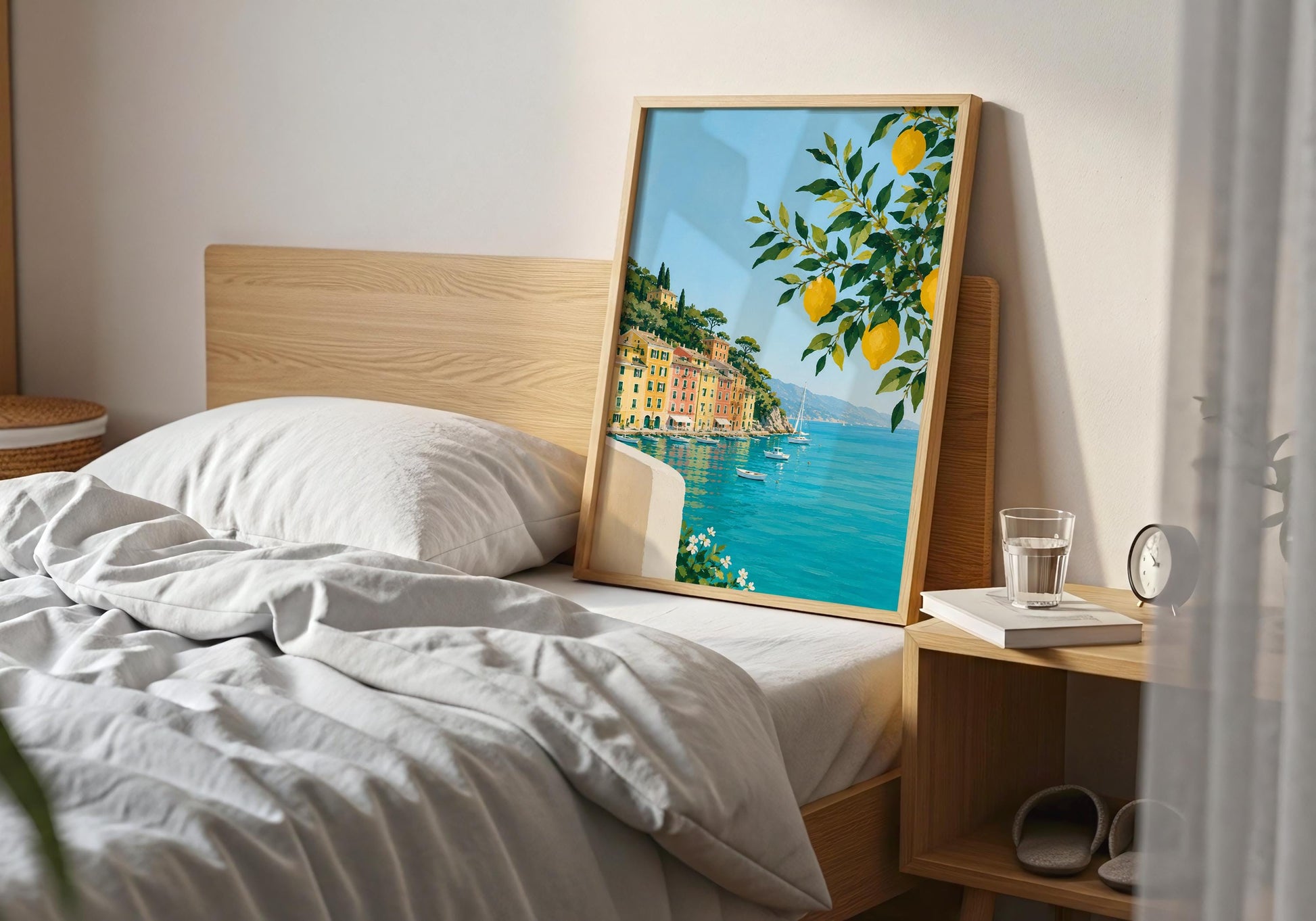 Coastal home décor print showcasing a sunny Mediterranean harbour and blue ocean.
