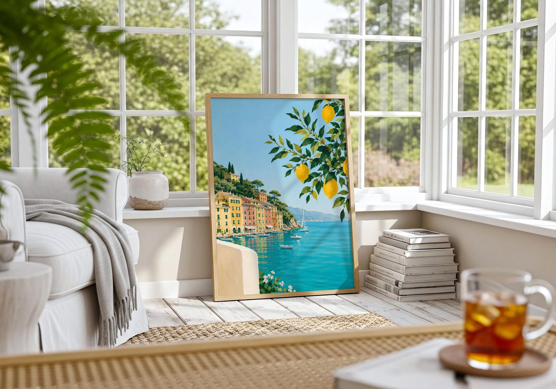 Amalfi Coast inspired artwork with lemon tree, turquoise sea and charming Italian architecture.