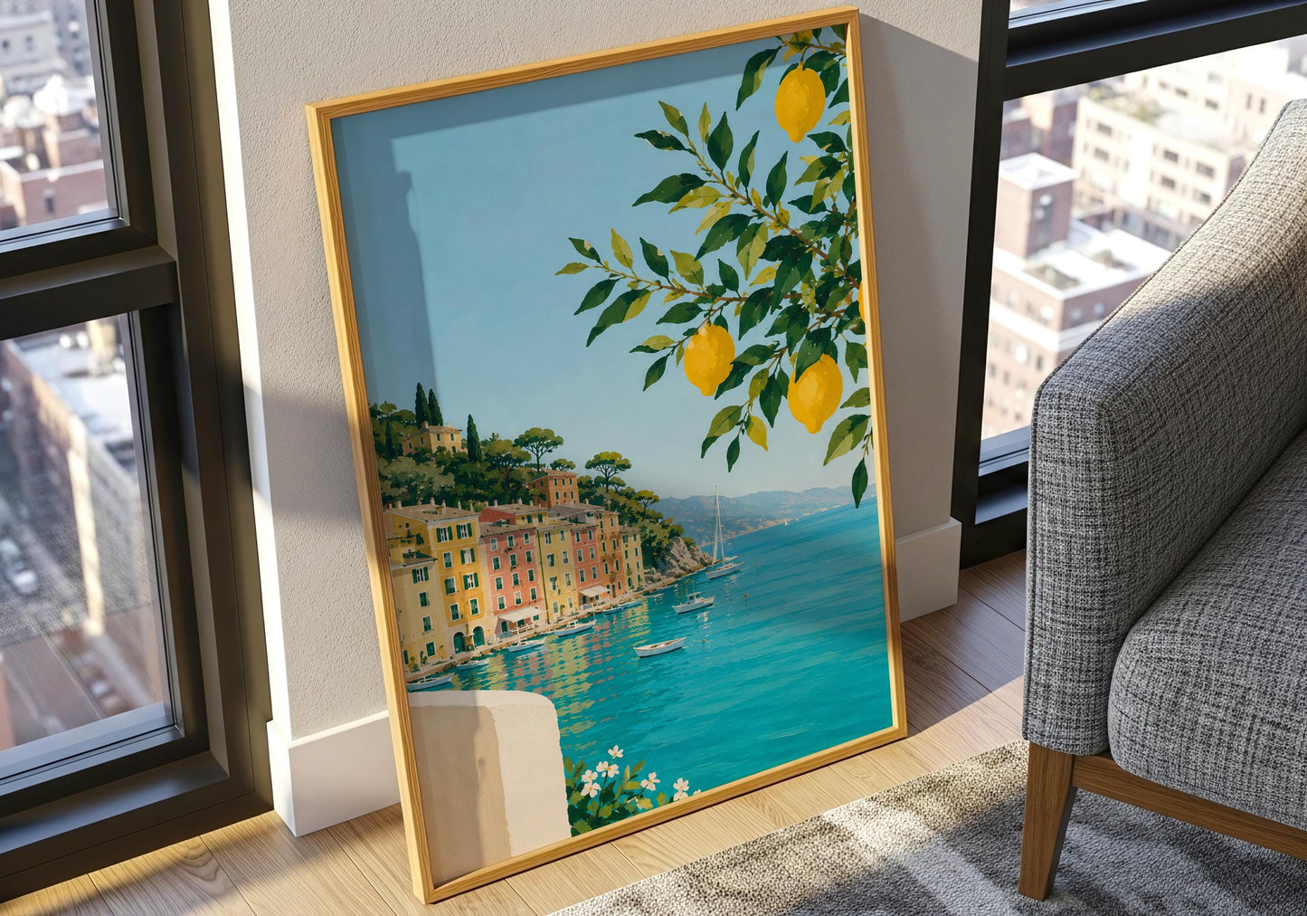 Mediterranean kitchen wall art with fresh lemons overlooking the Italian coastline.