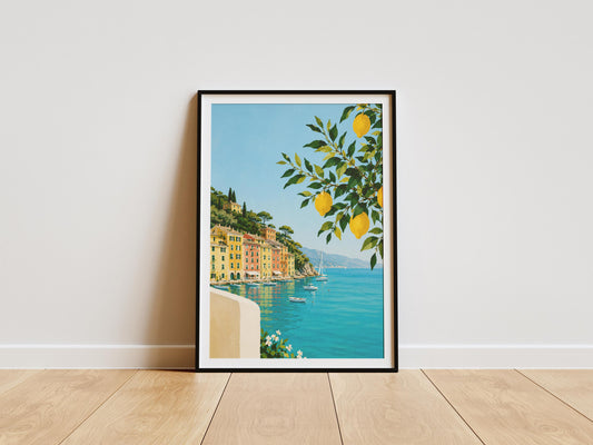Italian coastal wall art featuring colourful waterfront buildings and a lemon tree overlooking turquoise waters.