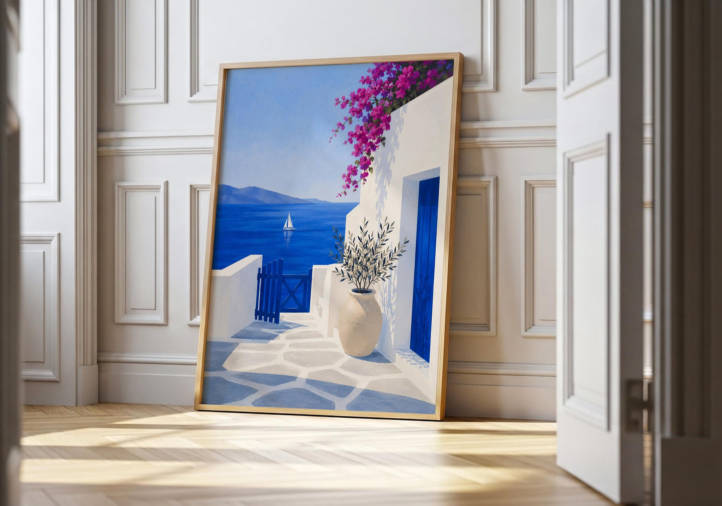 Greek island print with colourful bougainvillea overlooking the Mediterranean coastline.