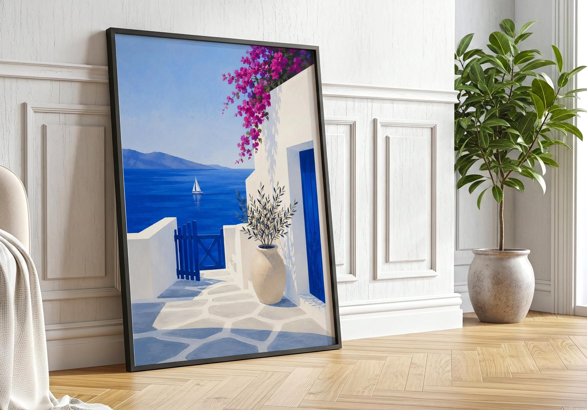 Coastal wall art showcasing a peaceful Santorini village overlooking the Aegean Sea.