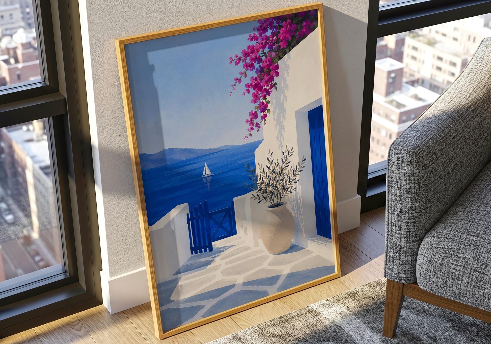 Greek island landscape print with whitewashed houses, sea views and pink bougainvillea.