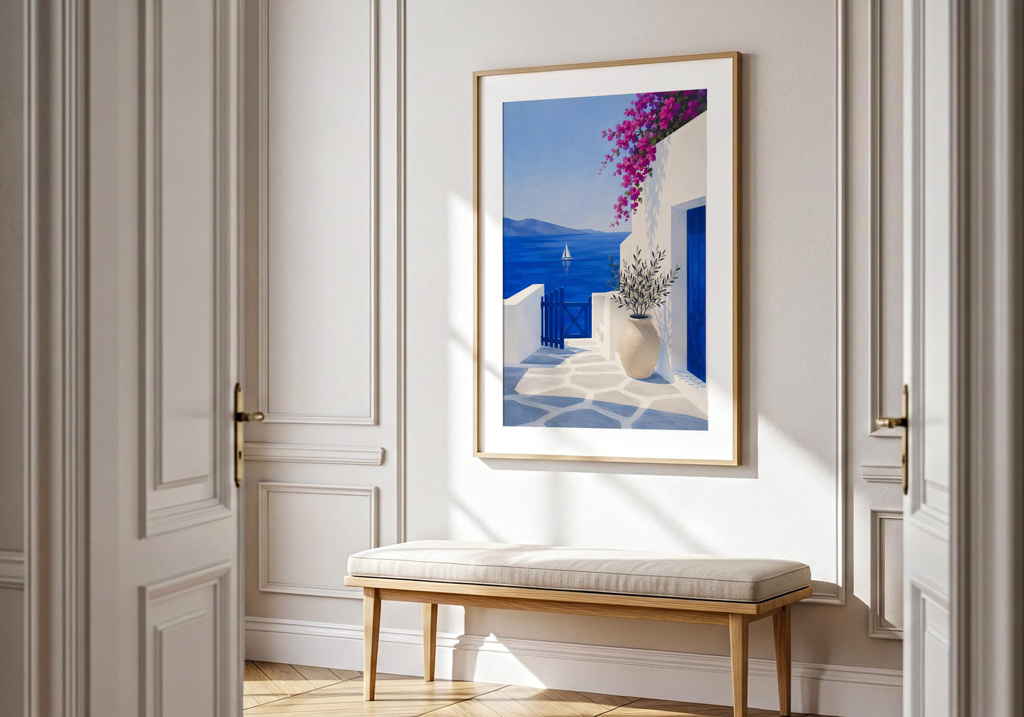 Coastal home décor print with blue doors, white buildings and beautiful sea views.
