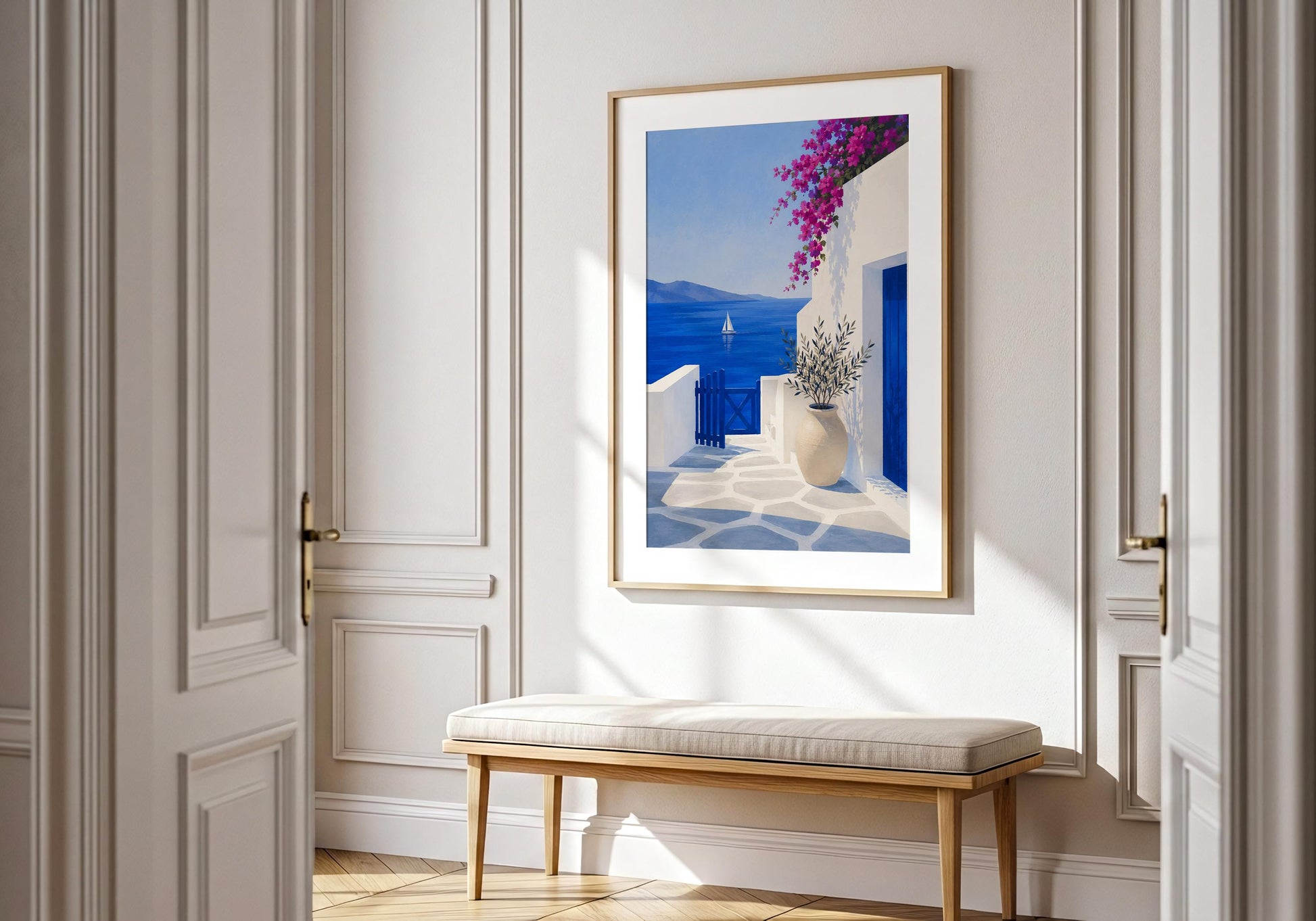 Coastal home décor print with blue doors, white buildings and beautiful sea views.