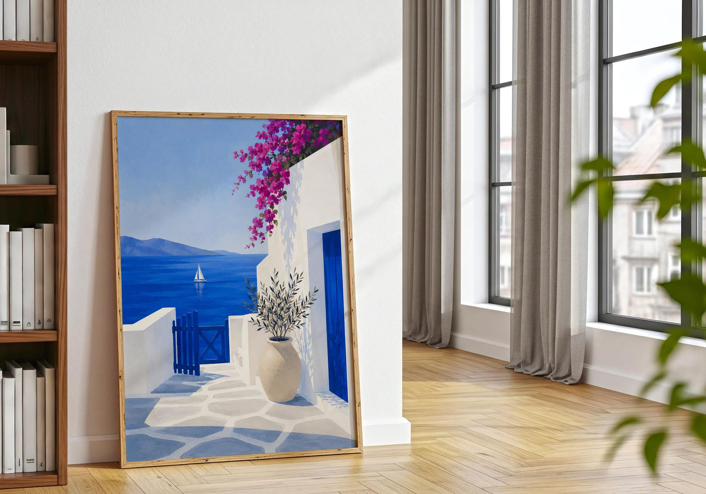 Luxury Mediterranean wall art featuring iconic Greek architecture and ocean scenery.