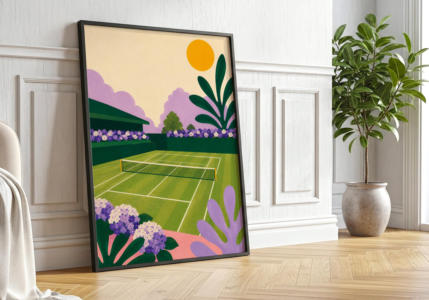 Tennis wall décor for preppy interiors with a stylish country club aesthetic.