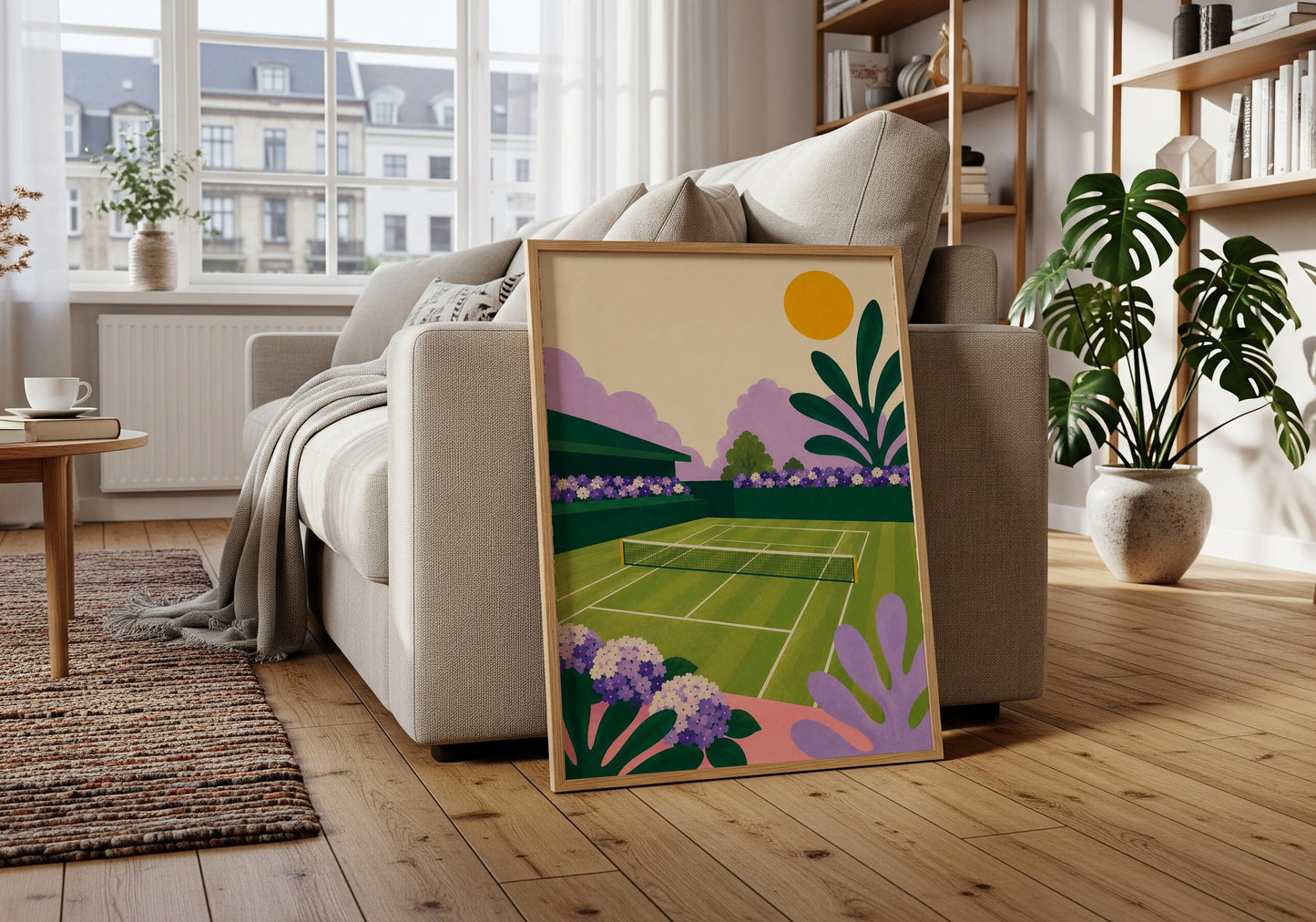 Botanical tennis artwork featuring a grass court under a bright summer sky.
