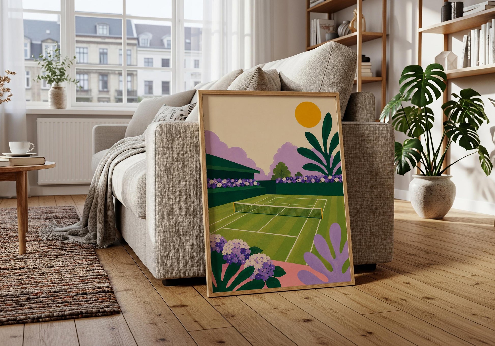 Botanical tennis artwork featuring a grass court under a bright summer sky.