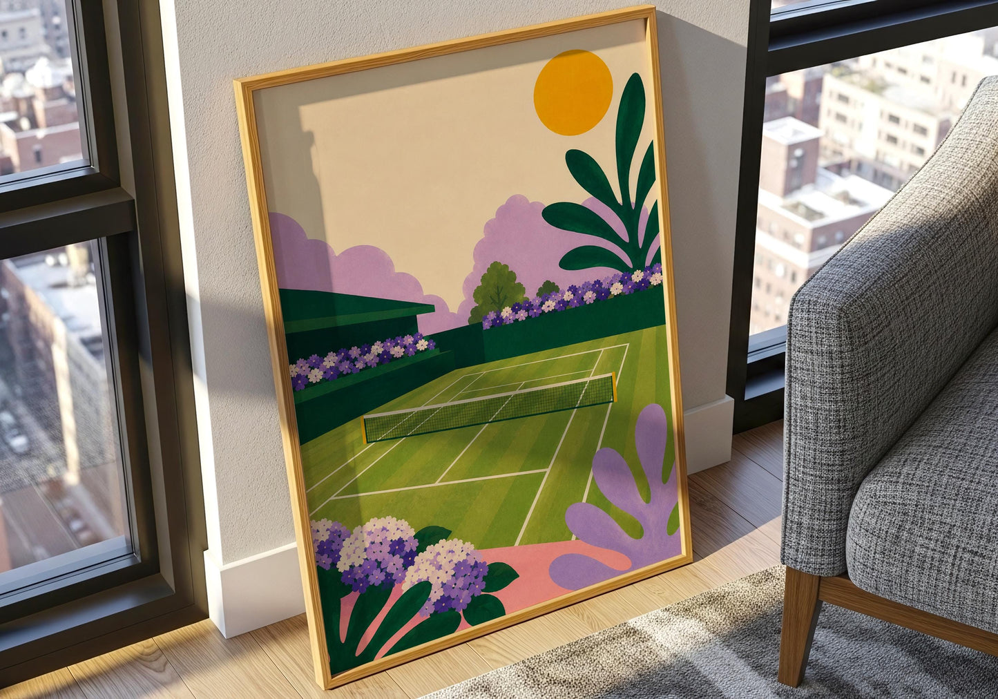 Colourful tennis illustration inspired by elegant country club gardens.