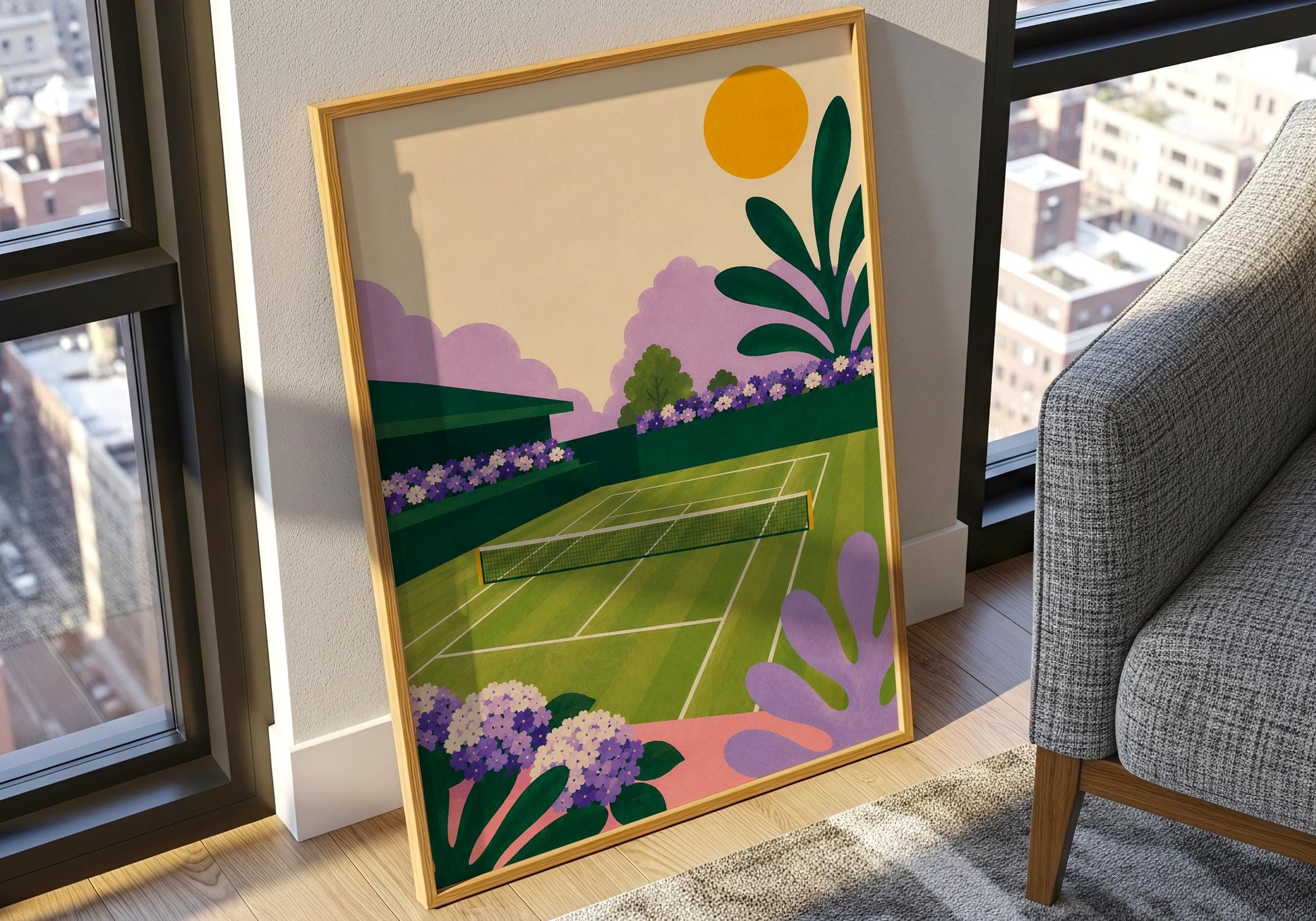 Colourful tennis illustration inspired by elegant country club gardens.