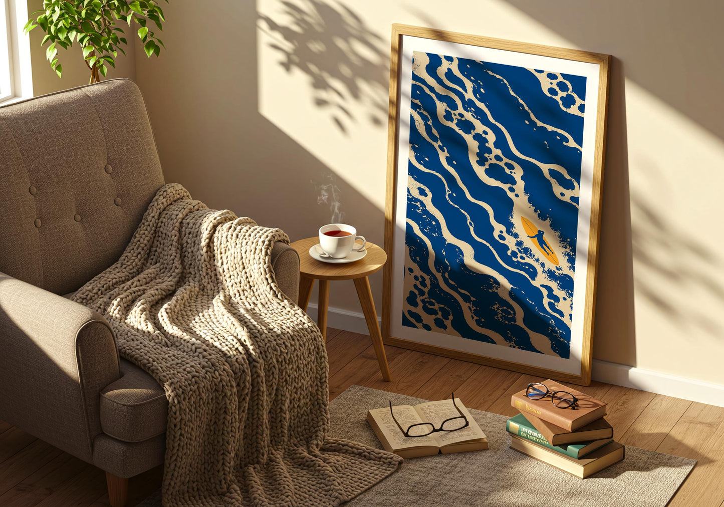 Modern beach decor artwork in blue and cream tones