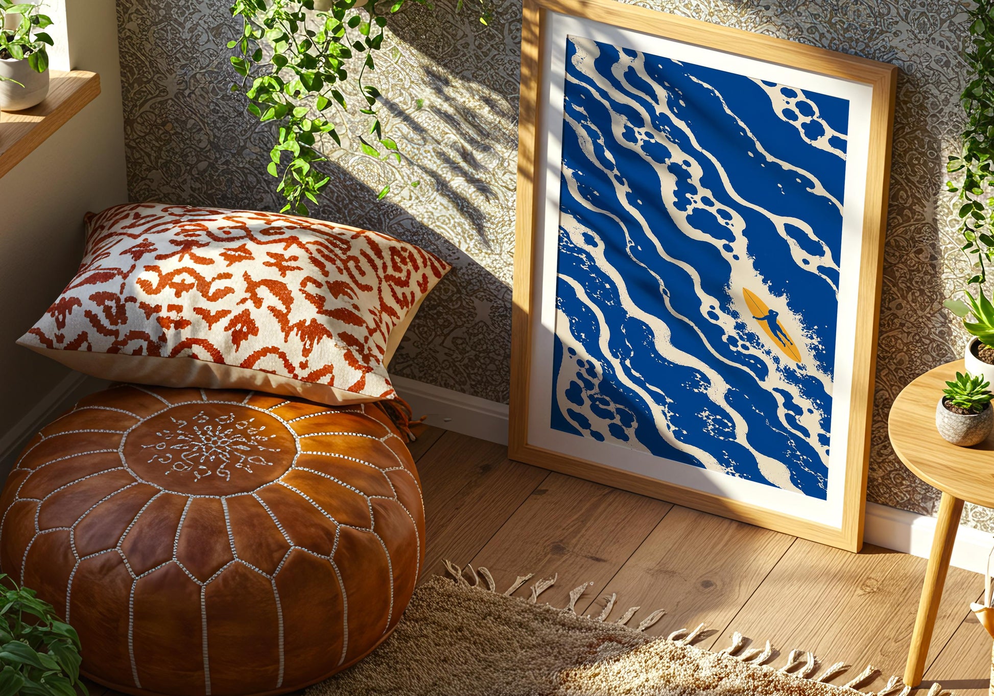 Minimalist surf poster in cobalt blue and cream coastal colors