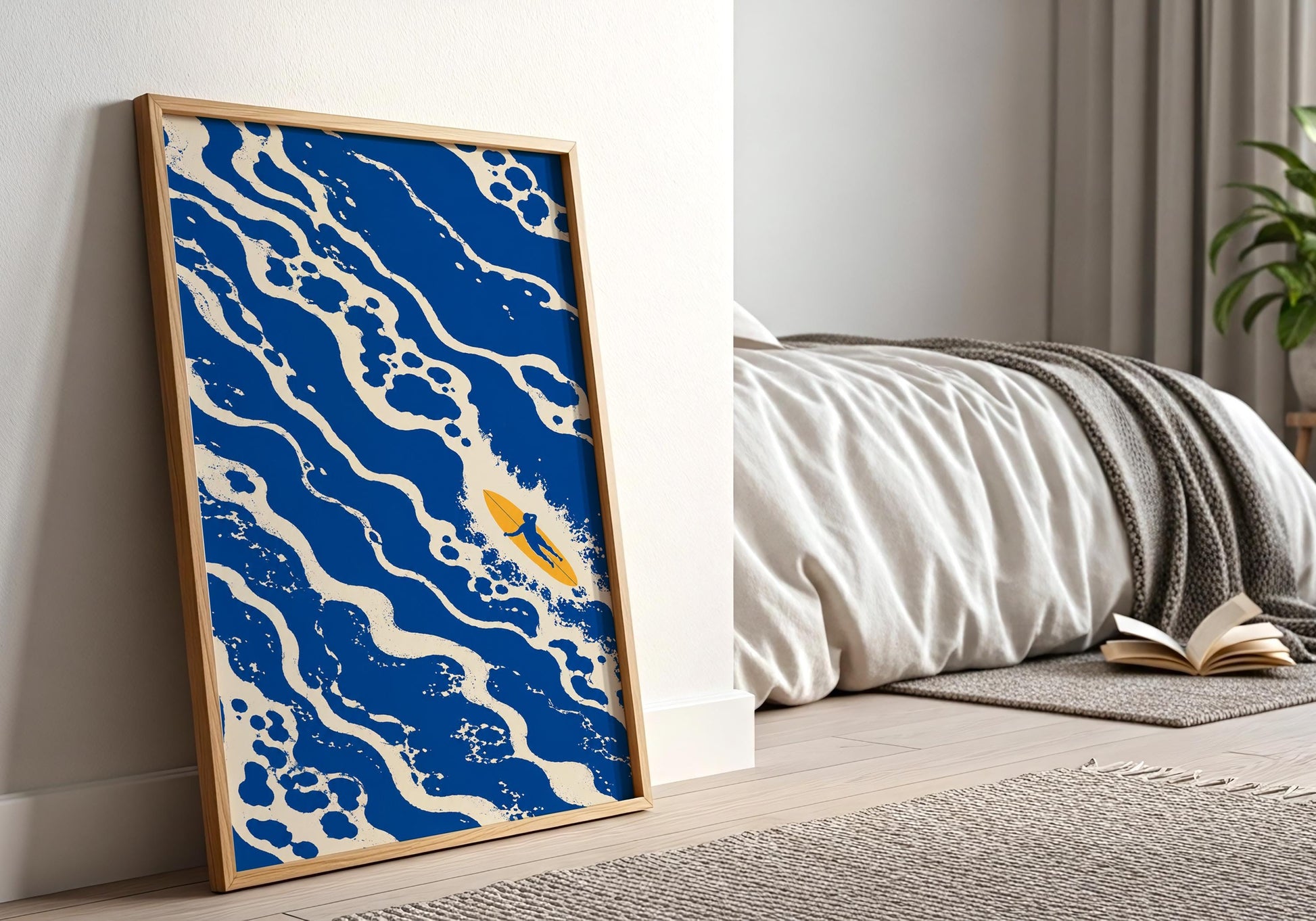 Modern coastal wall art with surfer and bold blue wave design
