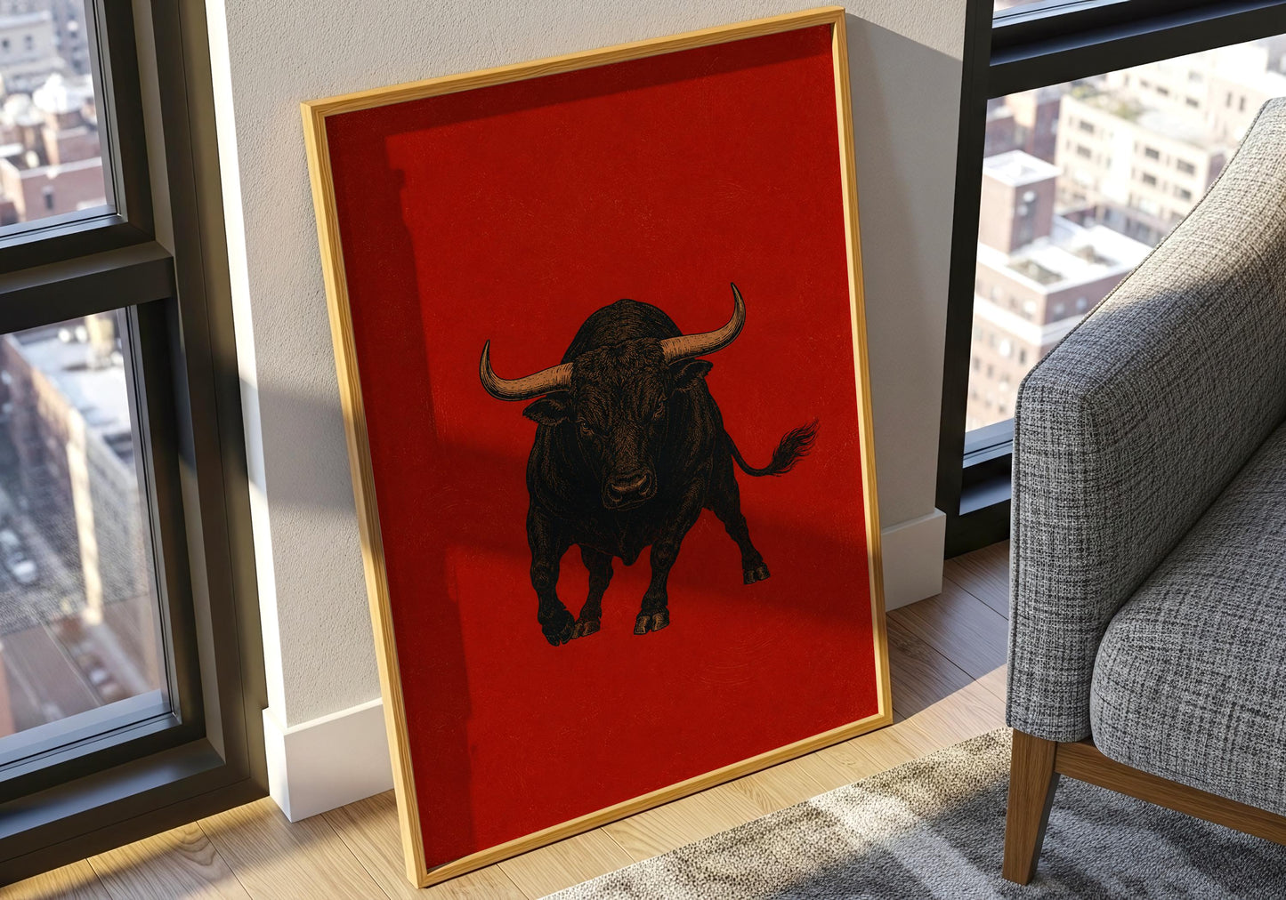 Contemporary bull wall art for masculine office and Spanish home interiors