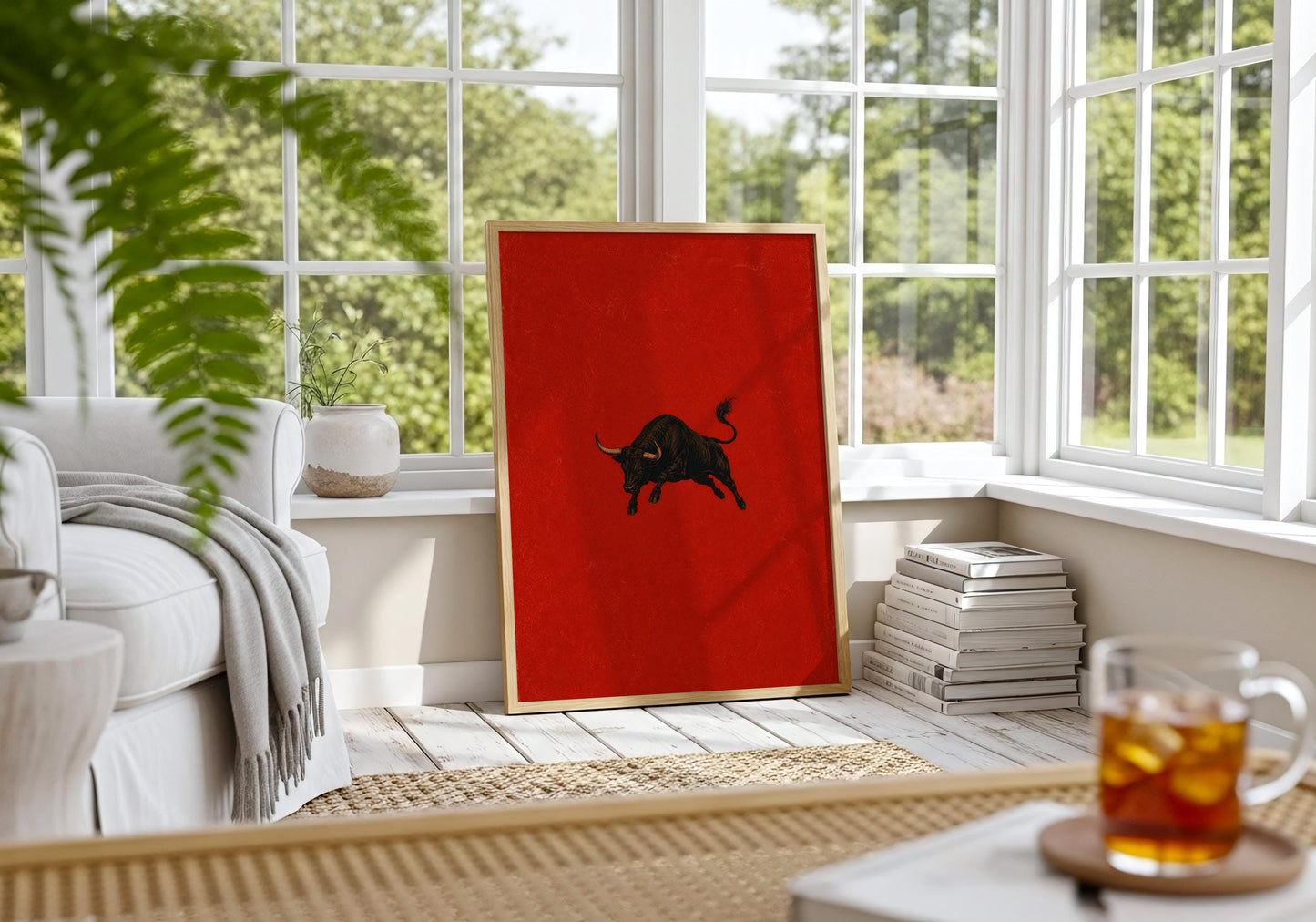 Mediterranean wall decor with minimalist black bull illustration