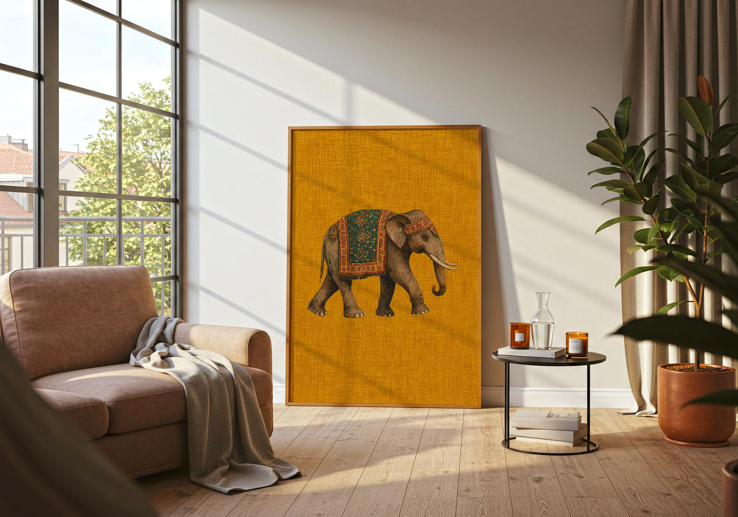 Rajasthan-inspired elephant artwork on a vibrant saffron yellow background
