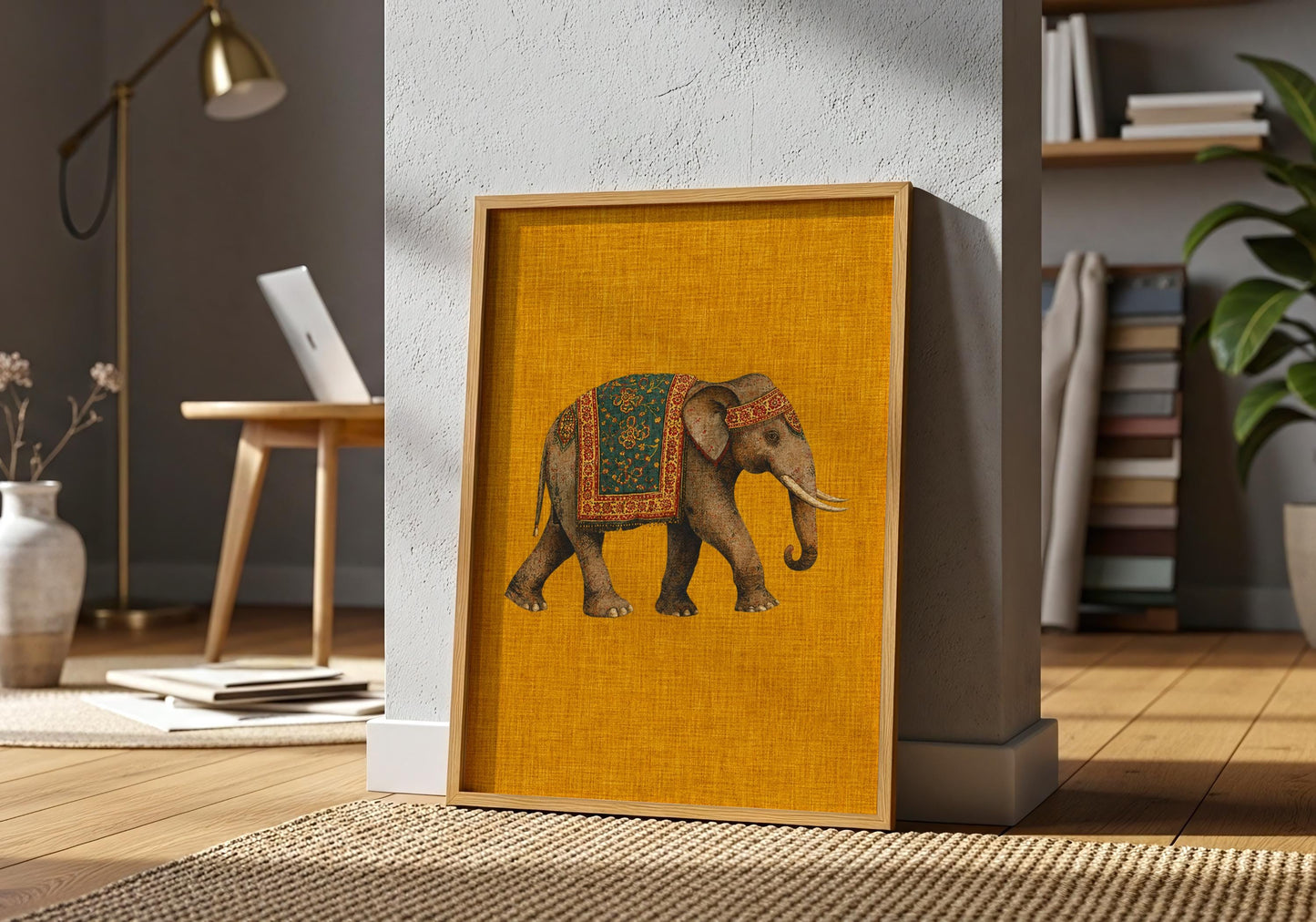Indian heritage wall art featuring an adorned ceremonial elephant
