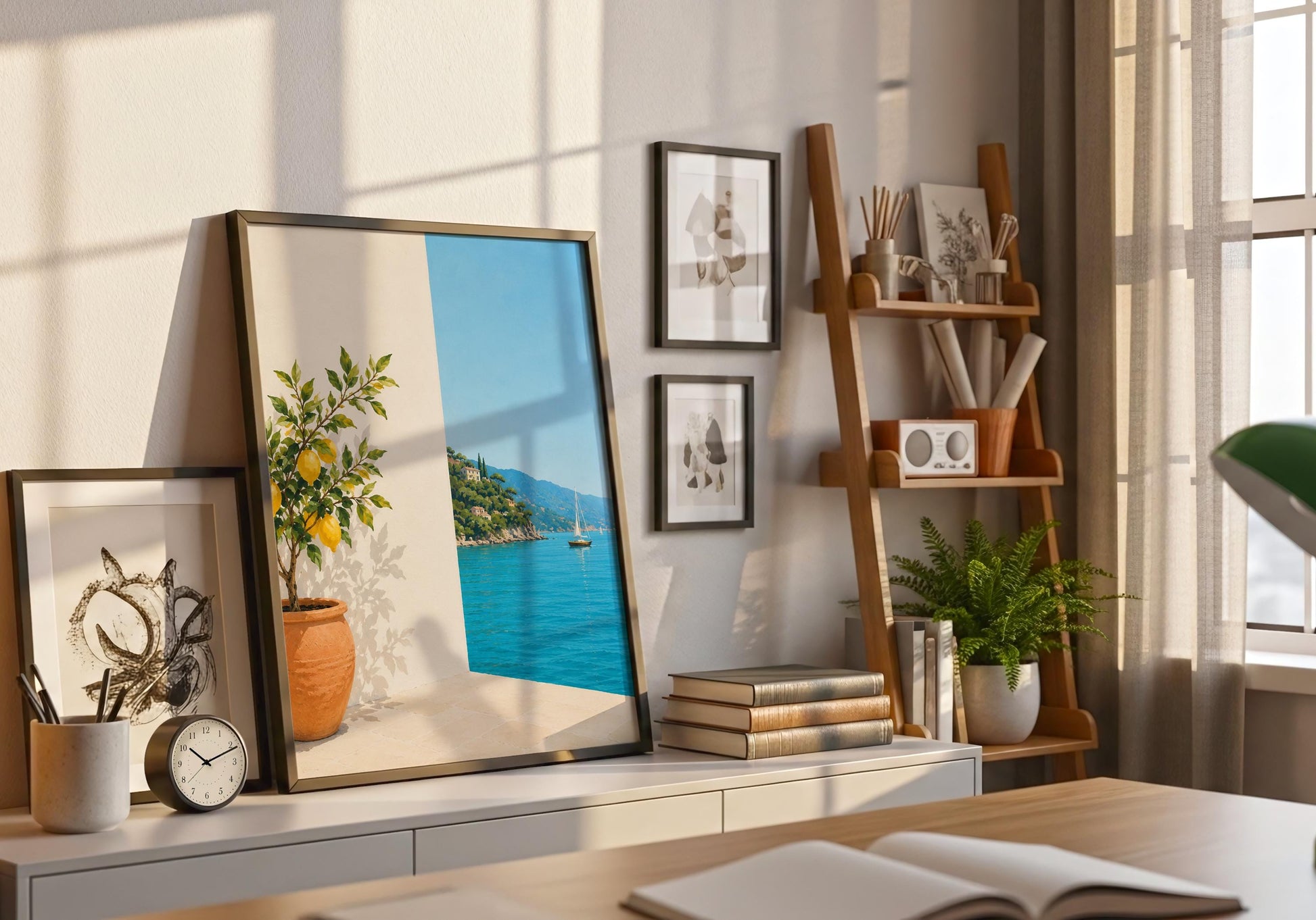 Minimalist Mediterranean coastal artwork with lemon tree, blue sea and white architecture.