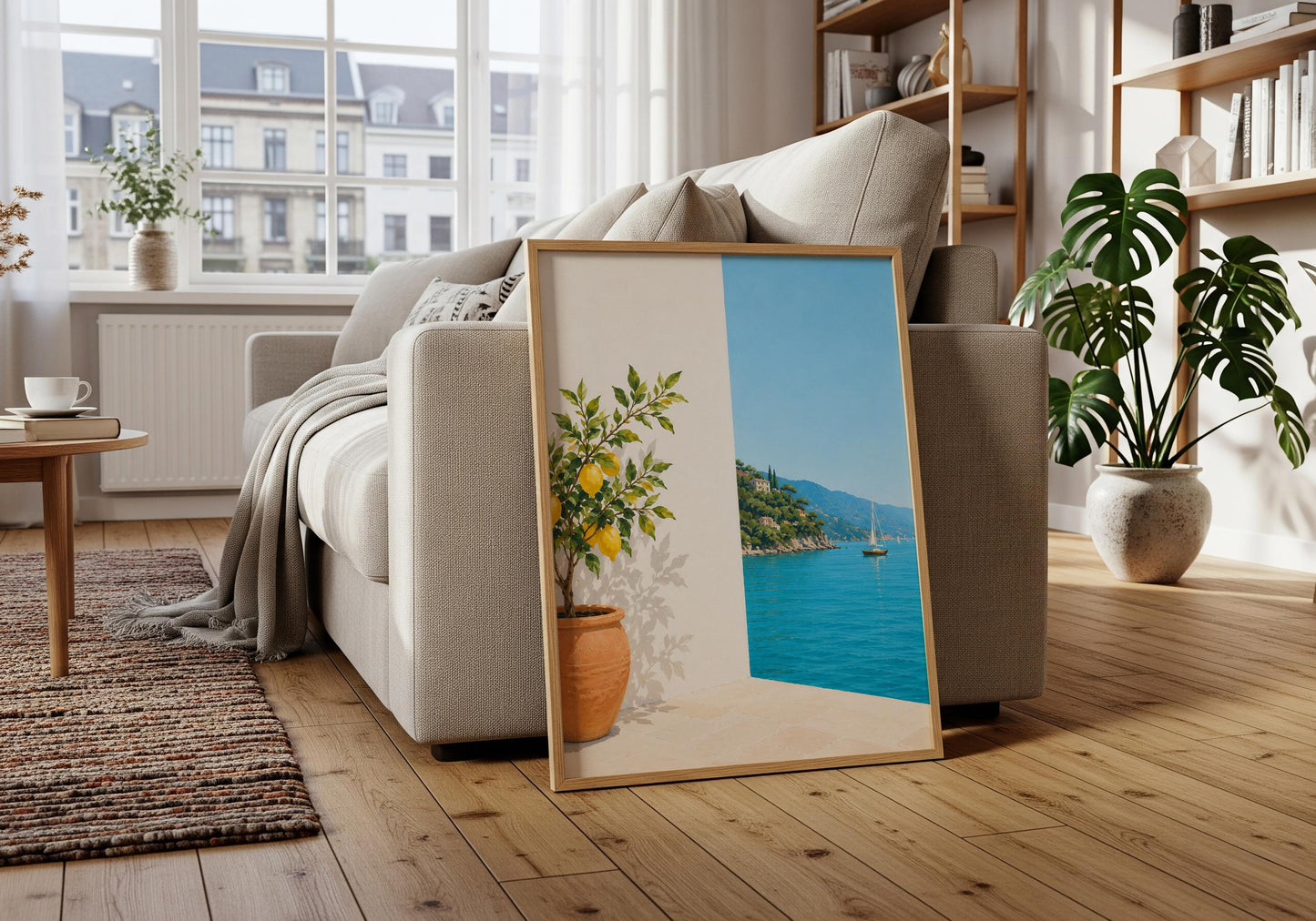 Italian coastal wall art paired with Mediterranean home décor in a stylish gallery wall.
