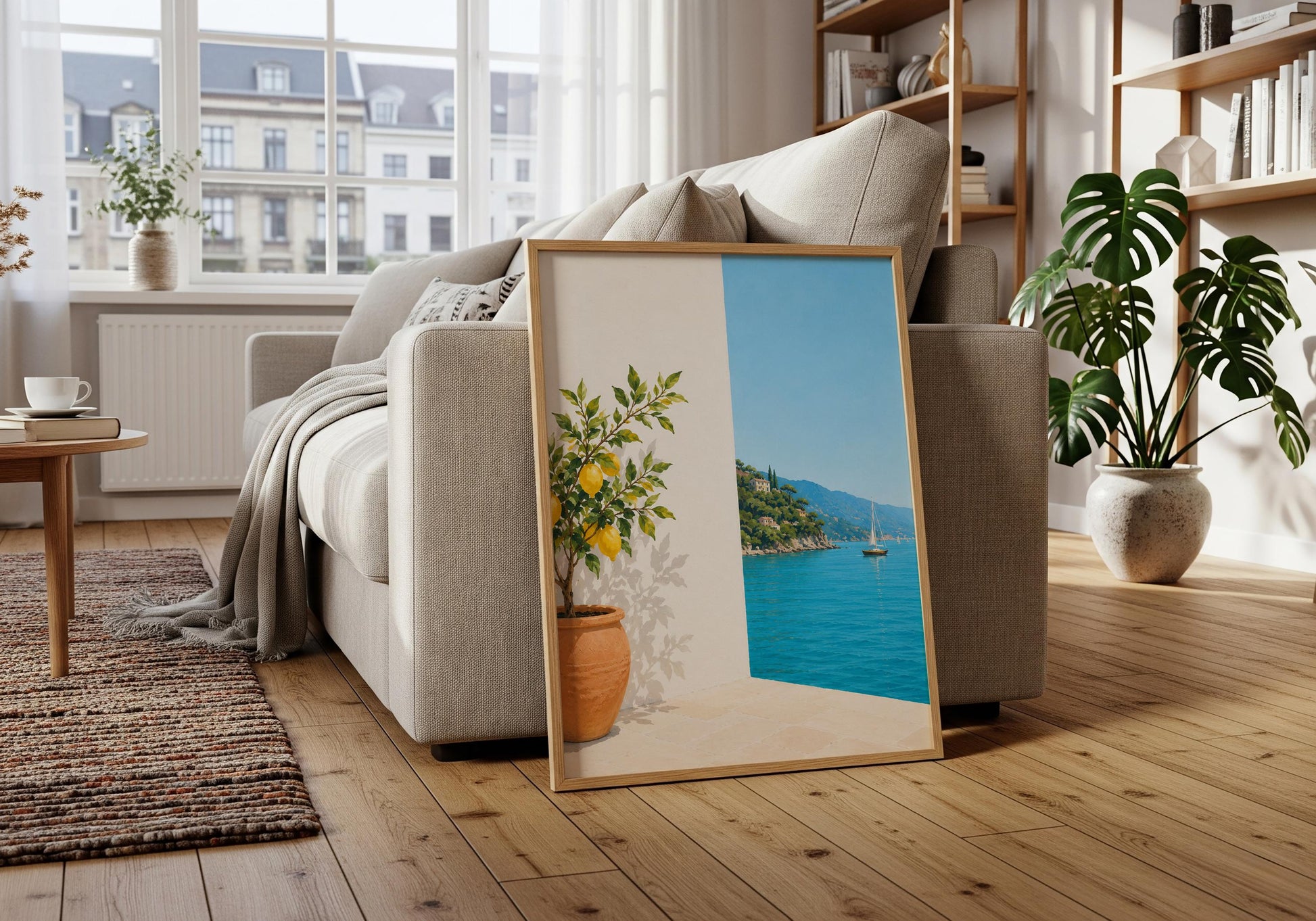Italian coastal wall art paired with Mediterranean home décor in a stylish gallery wall.