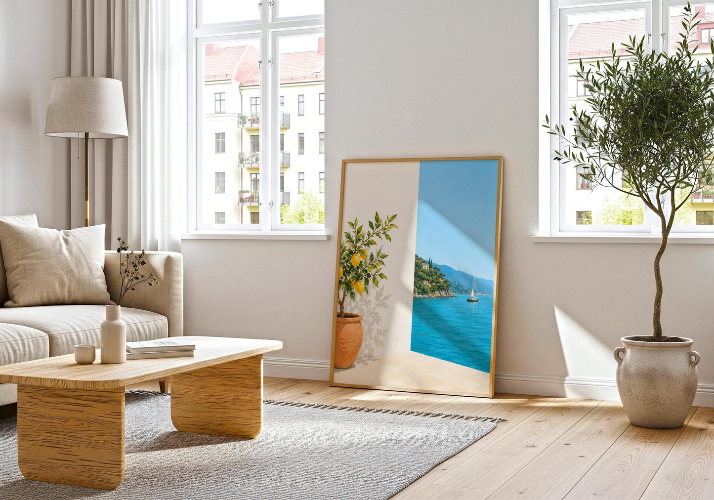 Framed Mediterranean art print available in multiple frame colours and sizes.