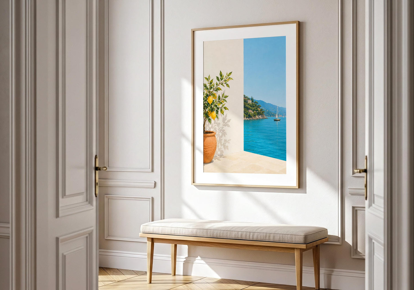Mediterranean coastal print available in A4, A3, A2 and A1 sizes for home décor.