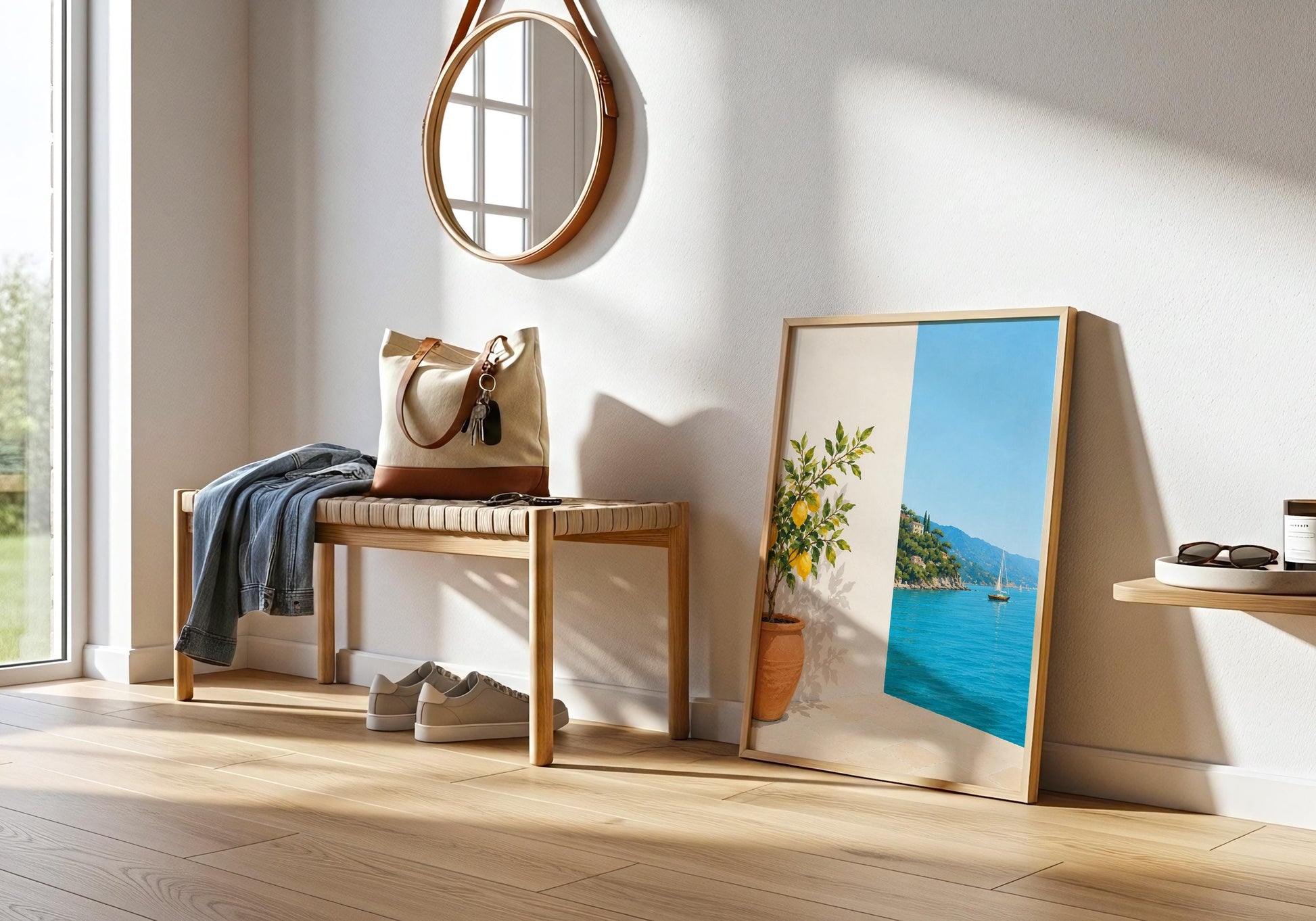 Mediterranean travel inspired wall art collection featuring coastal landscapes and lemon trees.