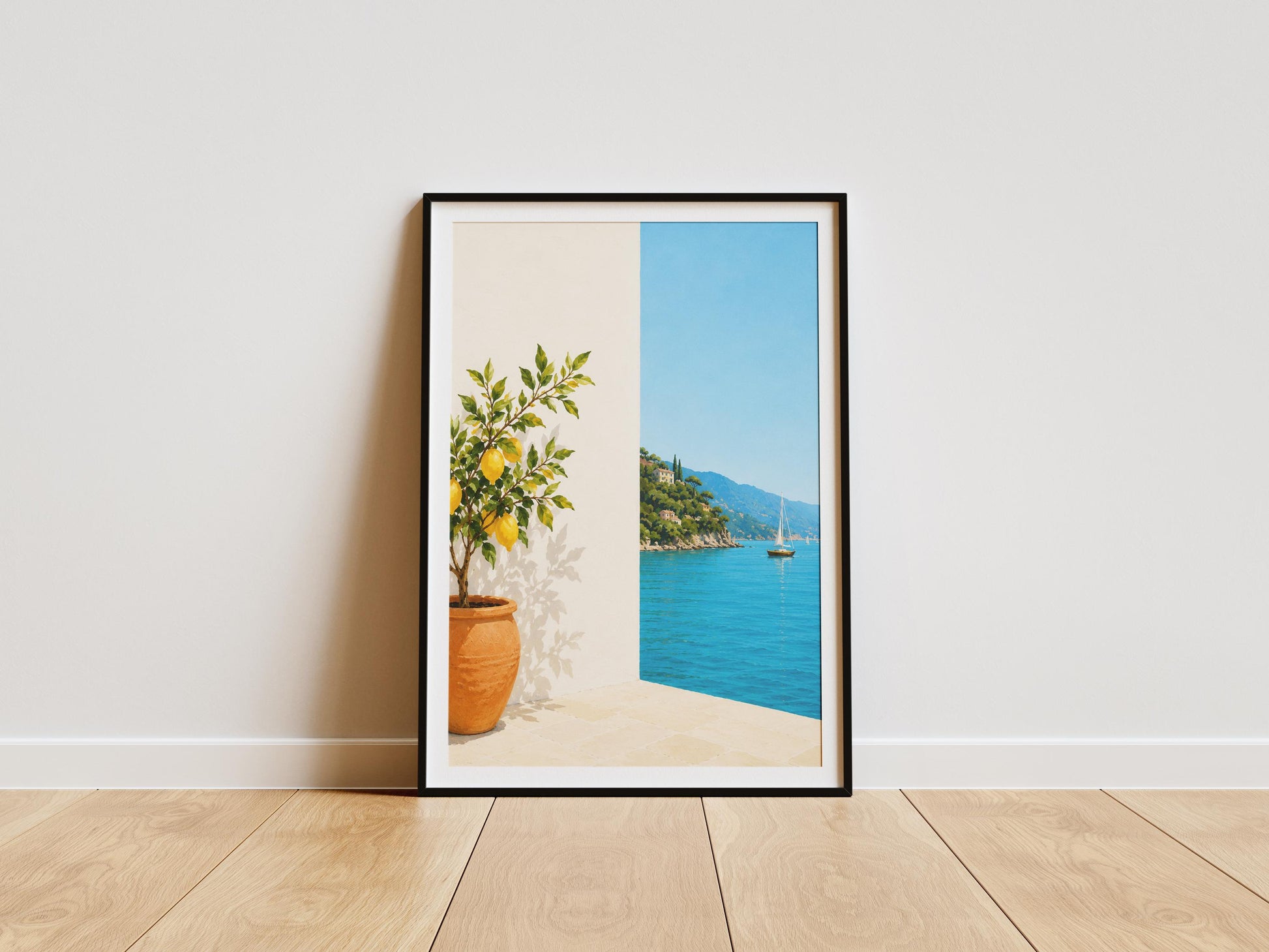 Mediterranean wall art featuring a lemon tree overlooking the sea in a modern oak frame.