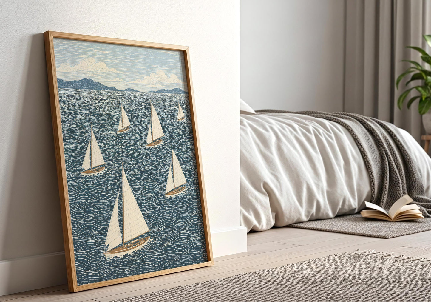 Beach house decor print with classic sailboats on water