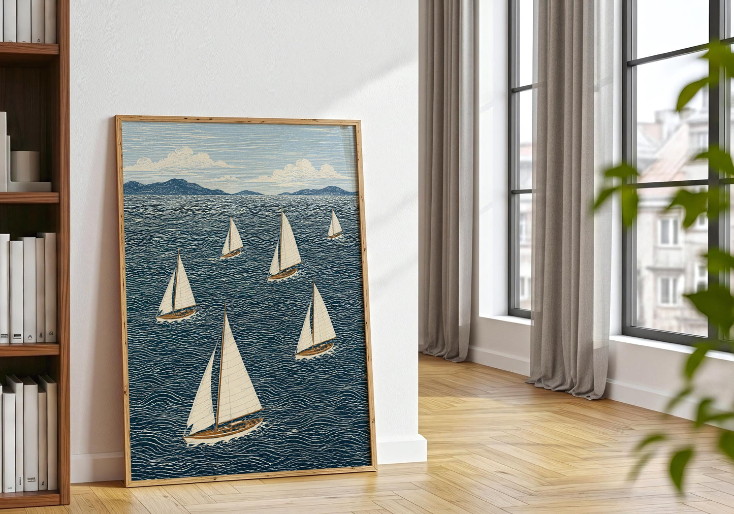 Nautical poster showing sailing boats on textured sea