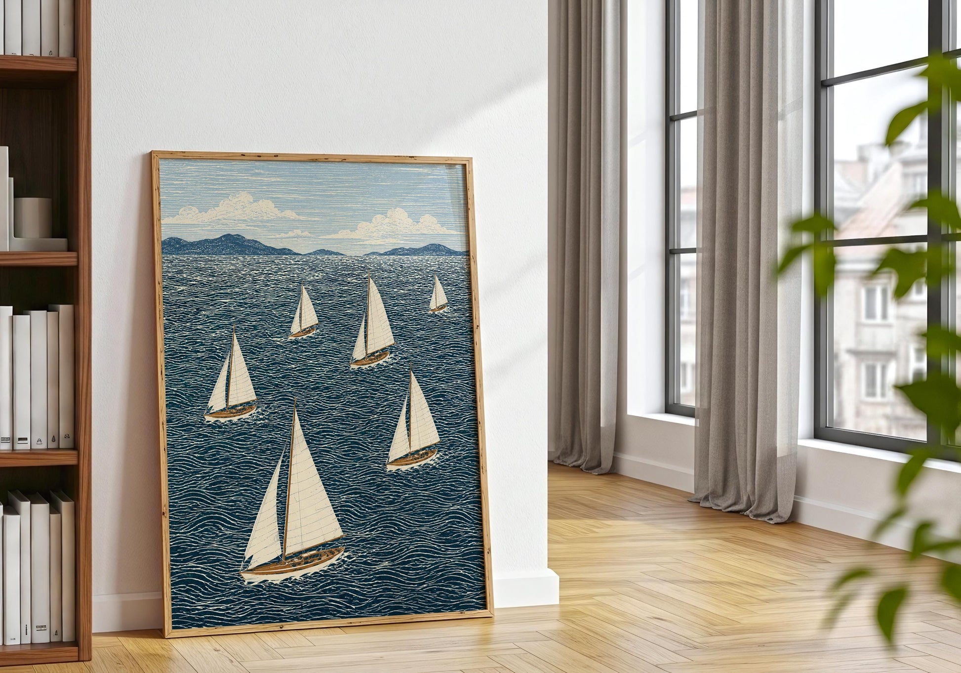 Nautical poster showing sailing boats on textured sea