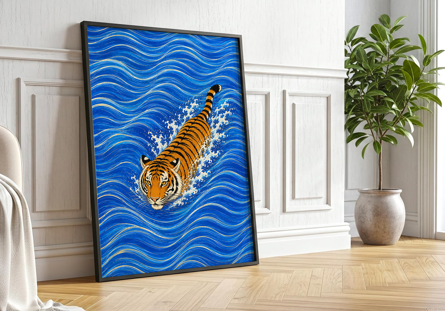 Tiger wall art featuring bold blue wave pattern background