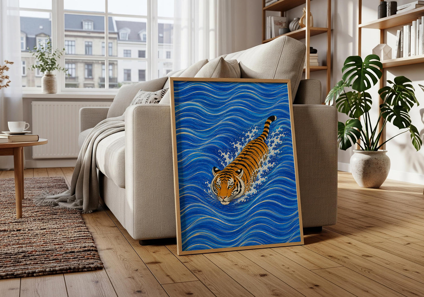 Statement tiger poster with stylized ocean wave design