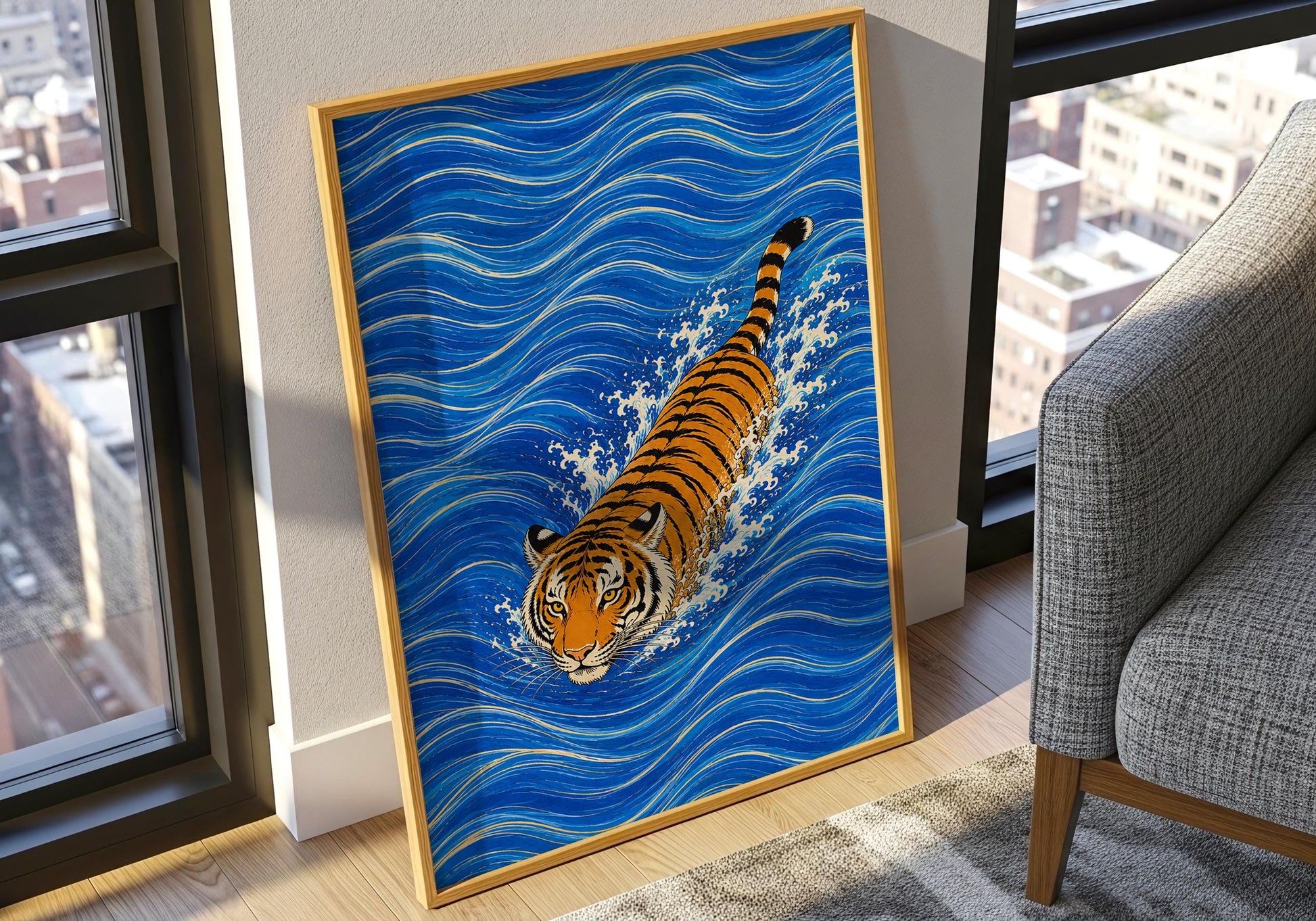 Blue and orange tiger print for contemporary interiors