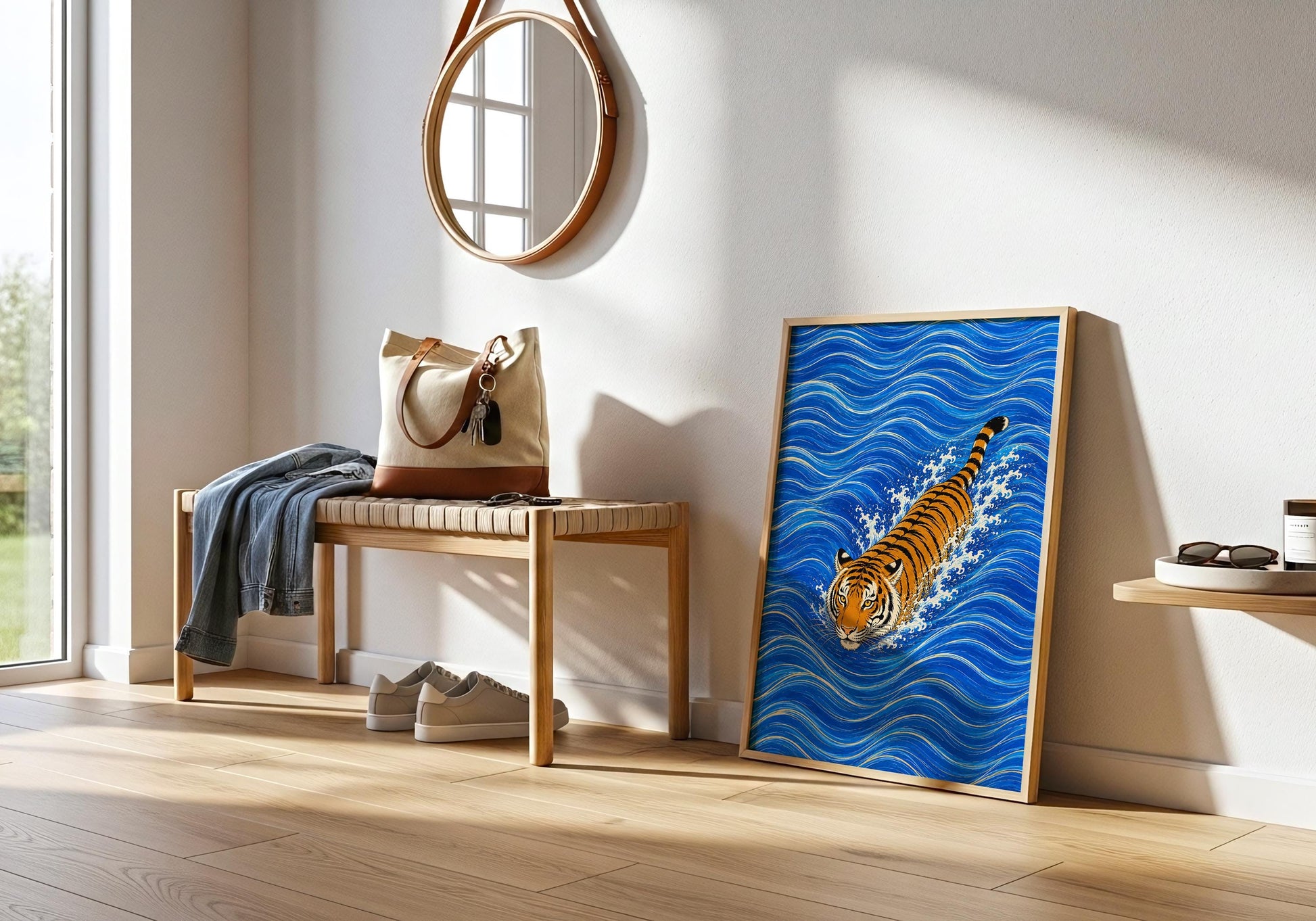 Japanese style wildlife artwork featuring swimming tiger