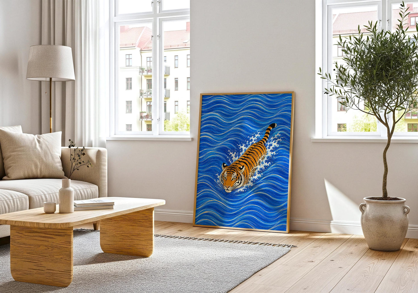 Contemporary tiger illustration with flowing blue waves