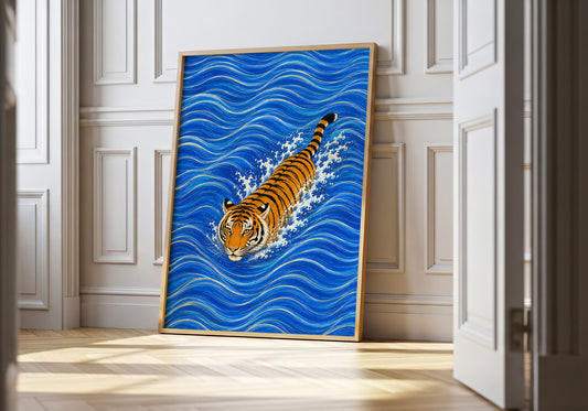 Japanese inspired tiger swimming through vibrant blue ocean waves